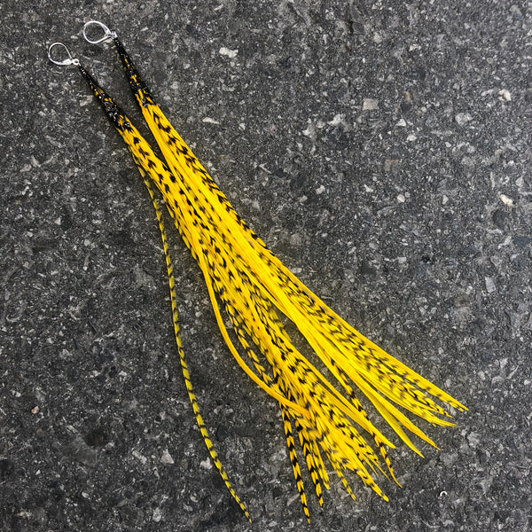 Yellow and black solid and grizzly feather earrings