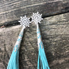"HoopWest" Rhinestone Stud Earrings with Blue Feathers