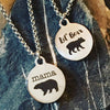 Stainless steel laser etched round or heart shaped mama bear and lil bear pendant necklaces set