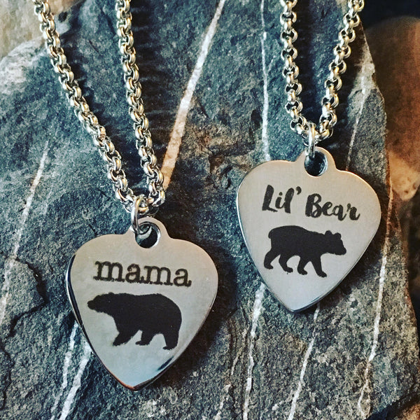 Stainless steel laser etched round or heart shaped mama bear and lil bear pendant necklaces set