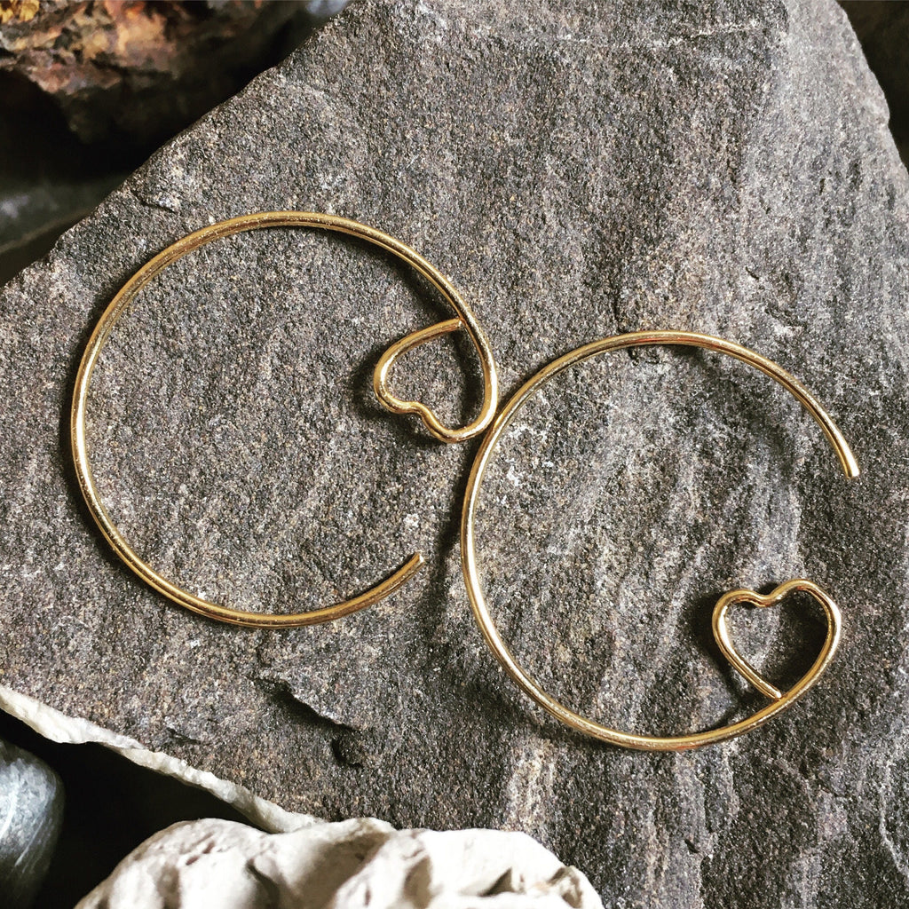 Gold plated brass open hoop earrings with heart