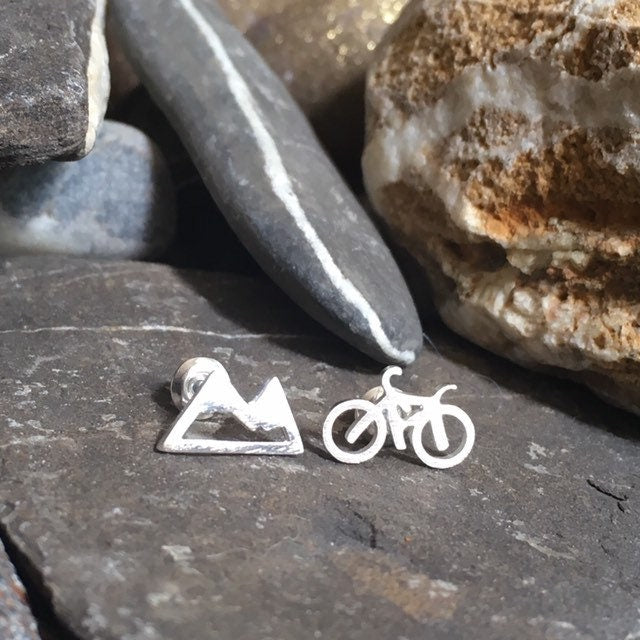 Stainless steel silver mountain and bicycle stud mismatched earrings