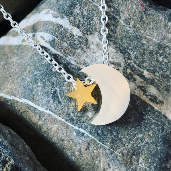 Stainless steel floating moon star necklace