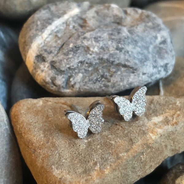 Stainless steel sparkly butterfly stud earrings