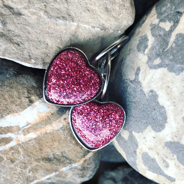 Stainless steel dangle drop glitter resin heart earrings