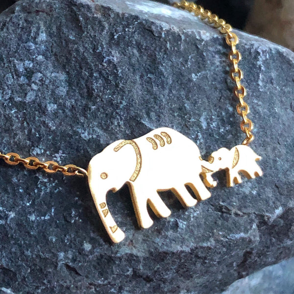 Stainless steel elephant mother and child necklace silver gold