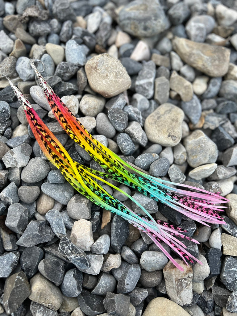 Pastel rainbow ombré long mixed solid grizzly feather earrings