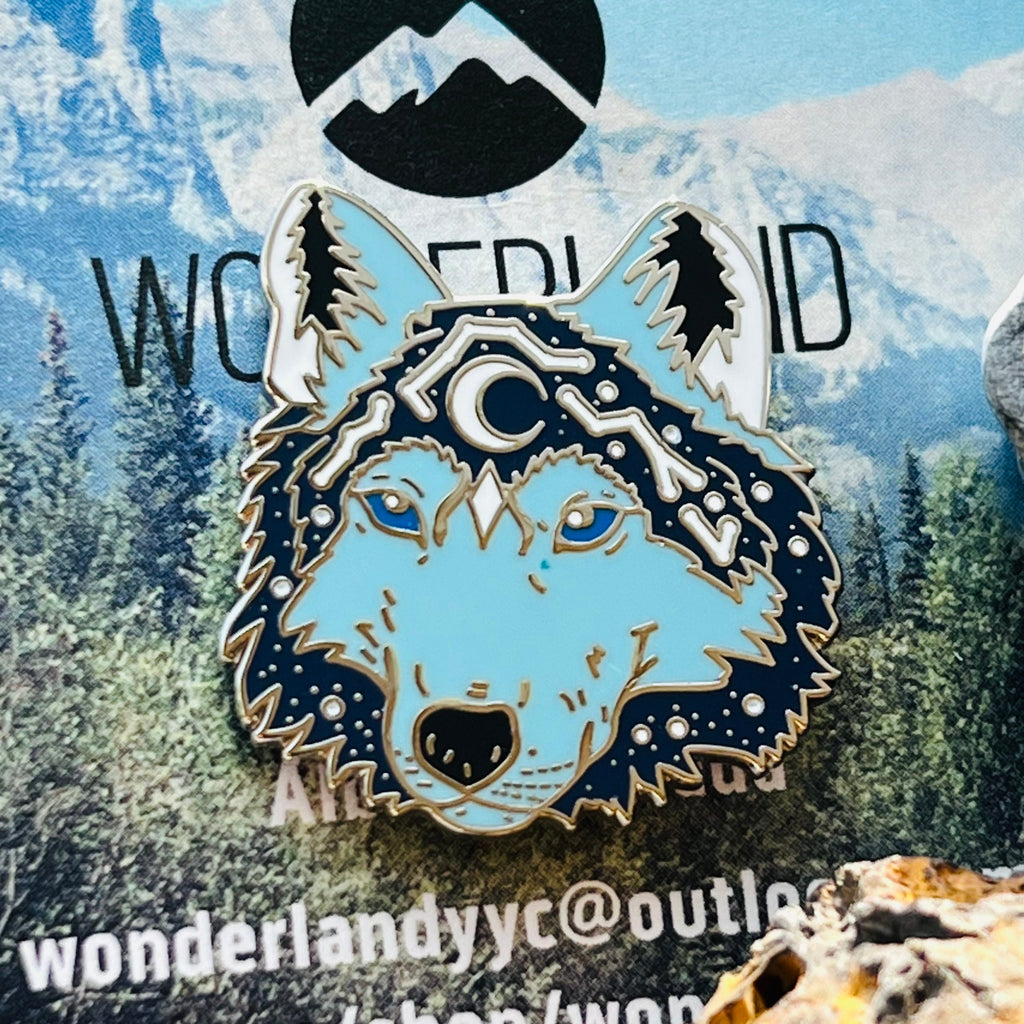 Wolf Moon and Stars enamelled pin