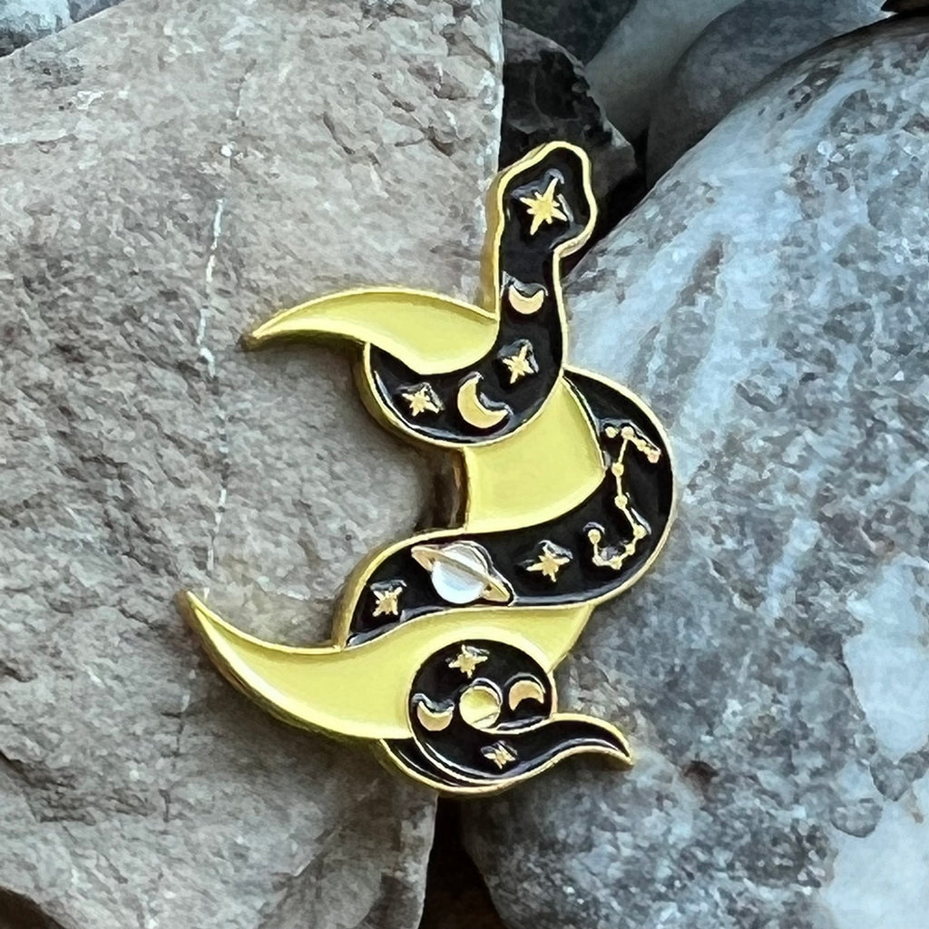 Snake and Moon enamelled pin