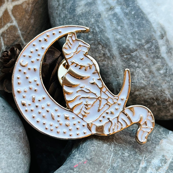 Cat and Crescent Moon enamelled pin