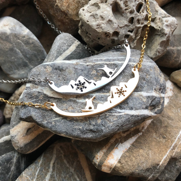 Snowboarding in the Mountains stainless steel necklace