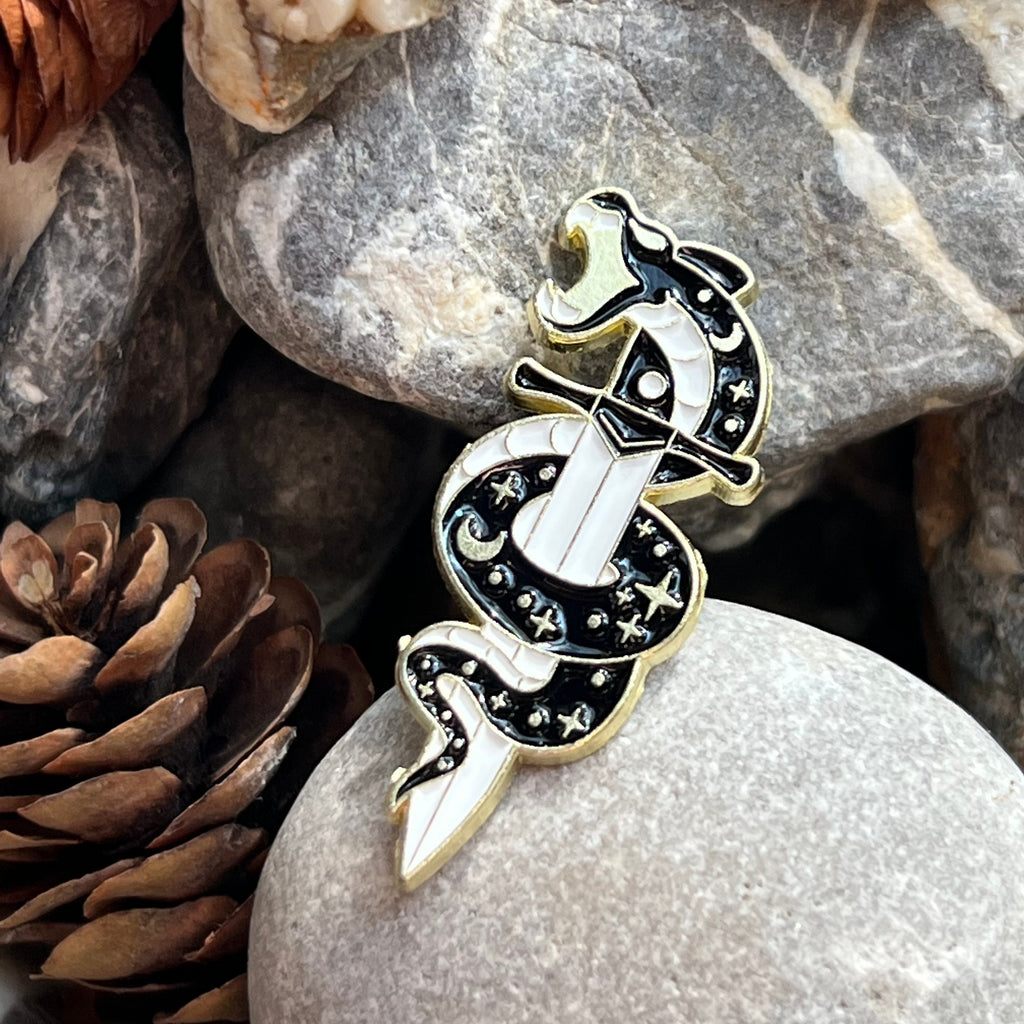 Lunar Snake with Sword Moon enamelled pin