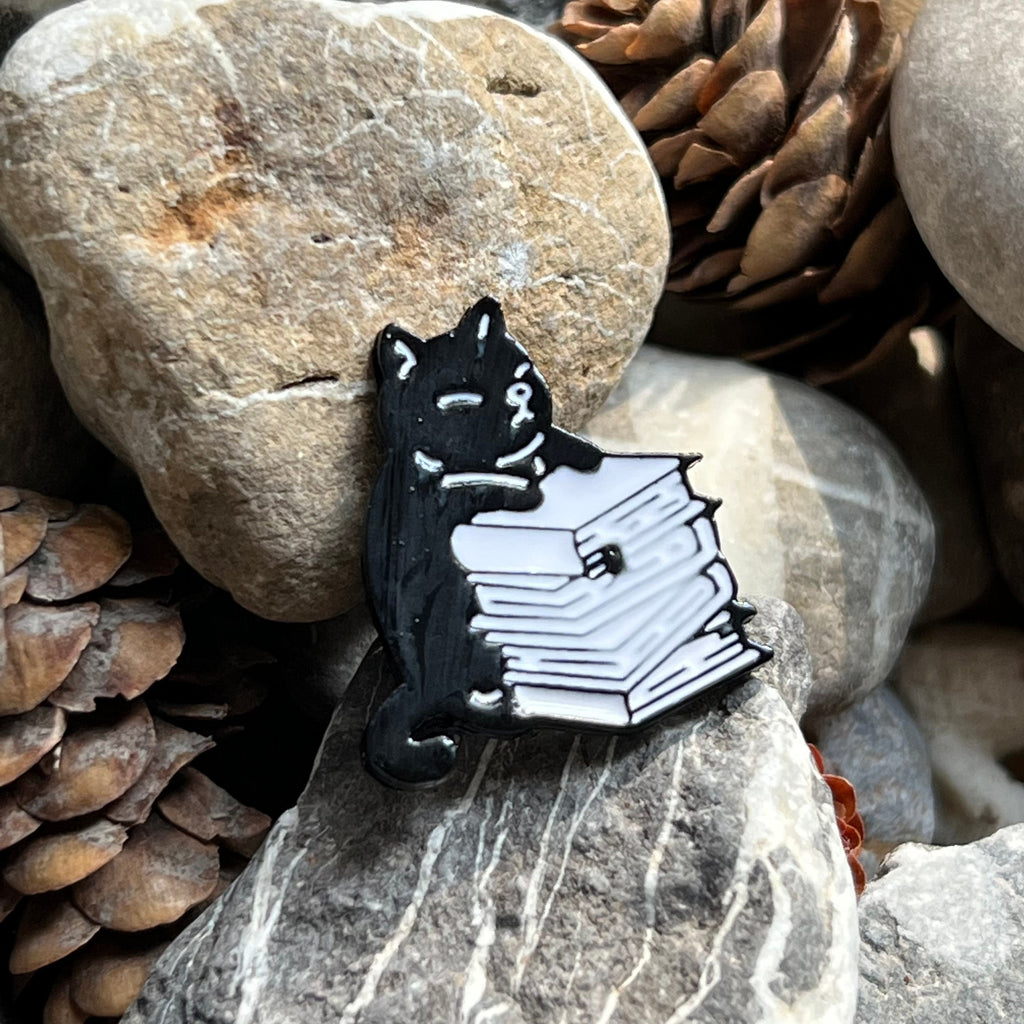 Black Cat with Books enamelled pin