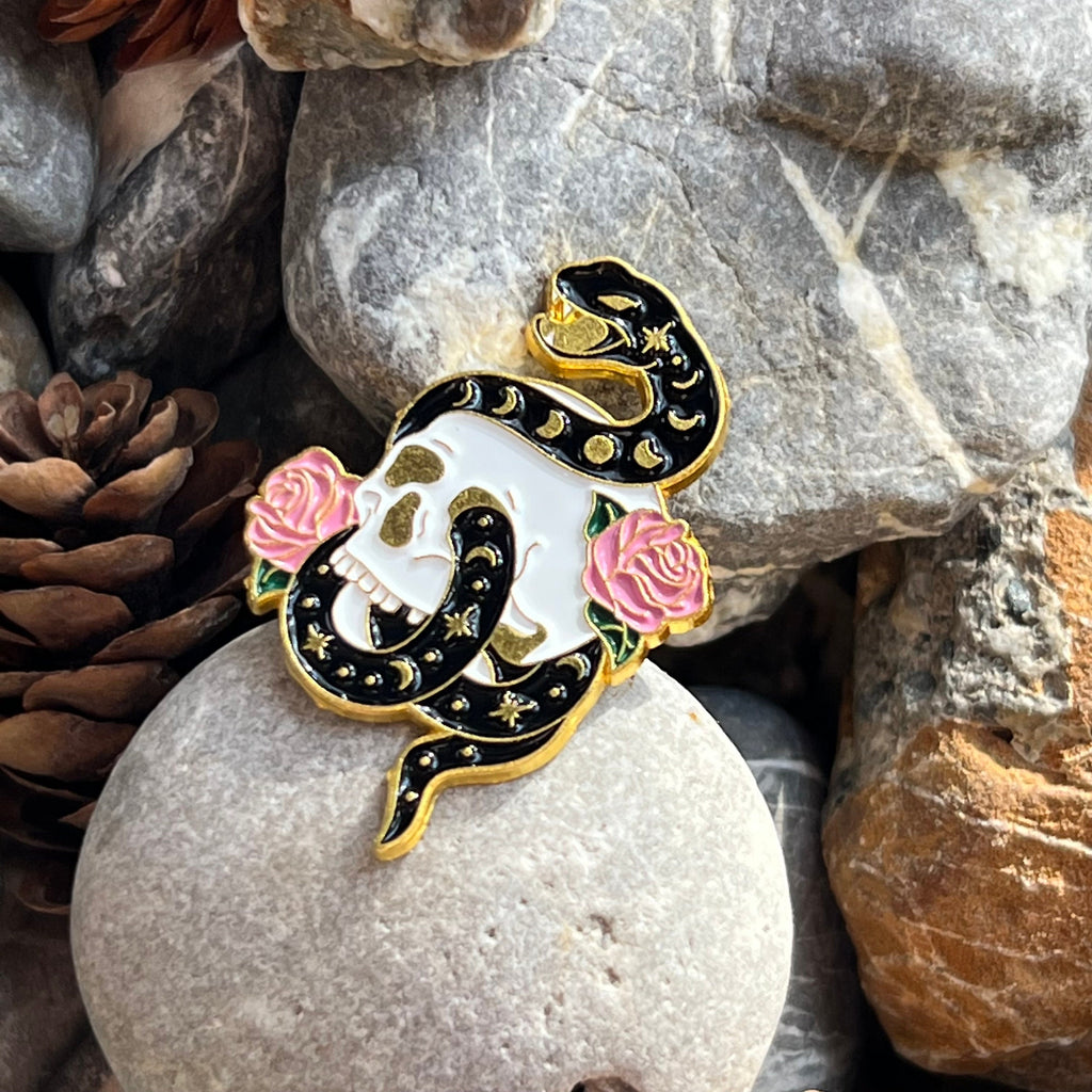 Black Lunar Snake with Roses and Skull enamelled pin