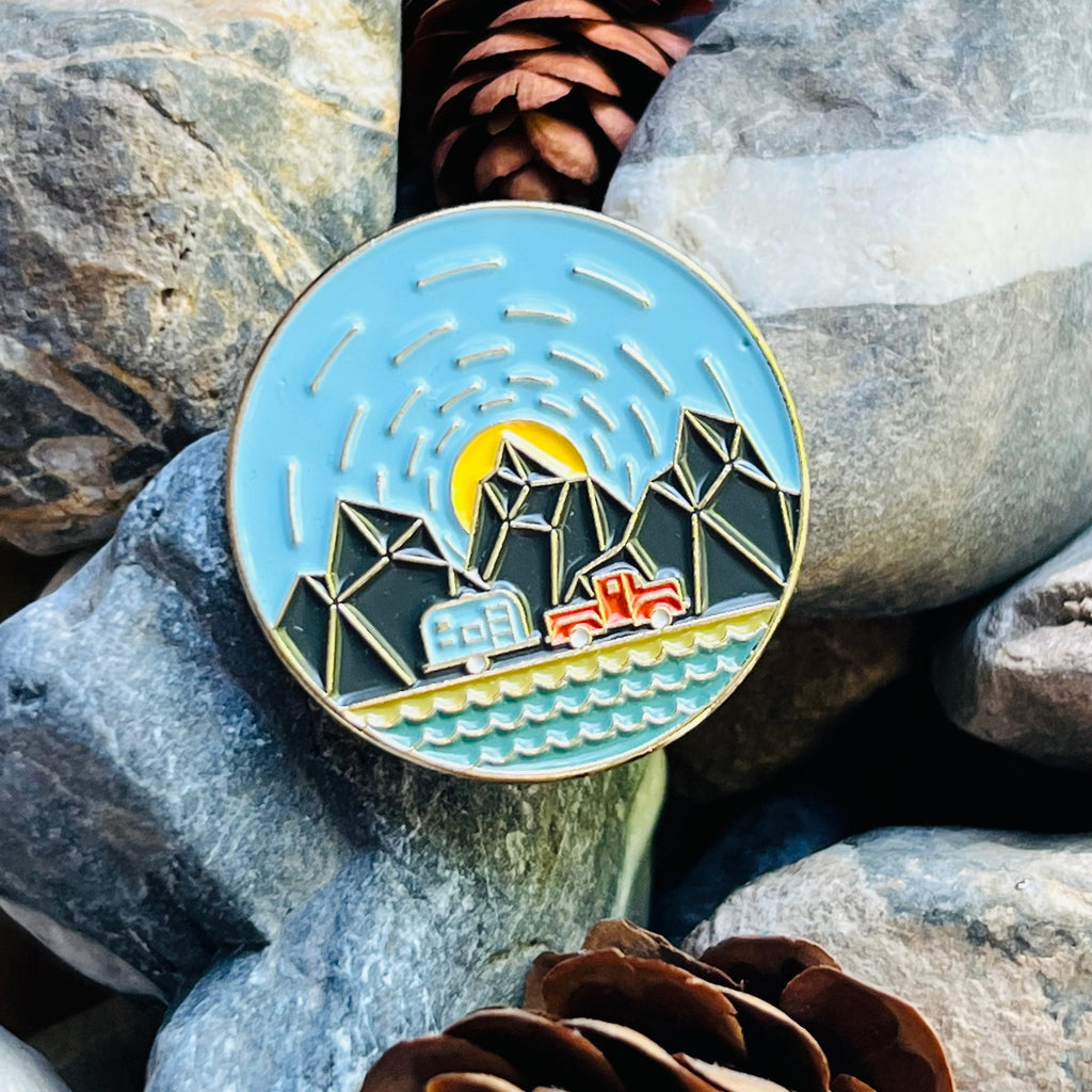 Mountains and Sunset enamelled pin